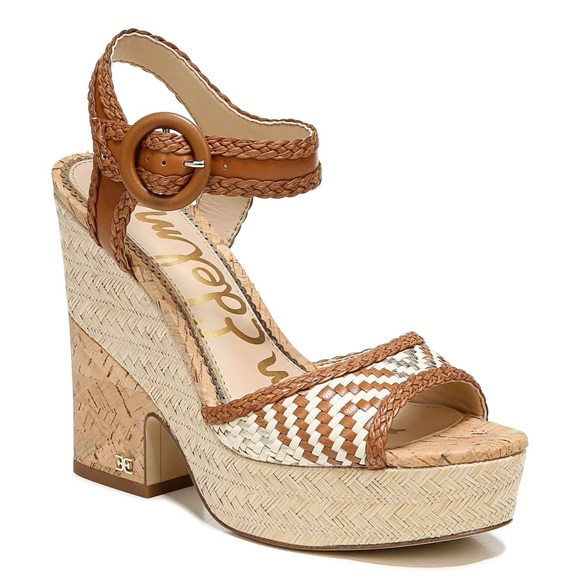 SAM EDELMAN Lillie Saddle Leather Cork Rattan Rafia Woven Wedges Heels Sz 7.5 - Picture 1 of 3